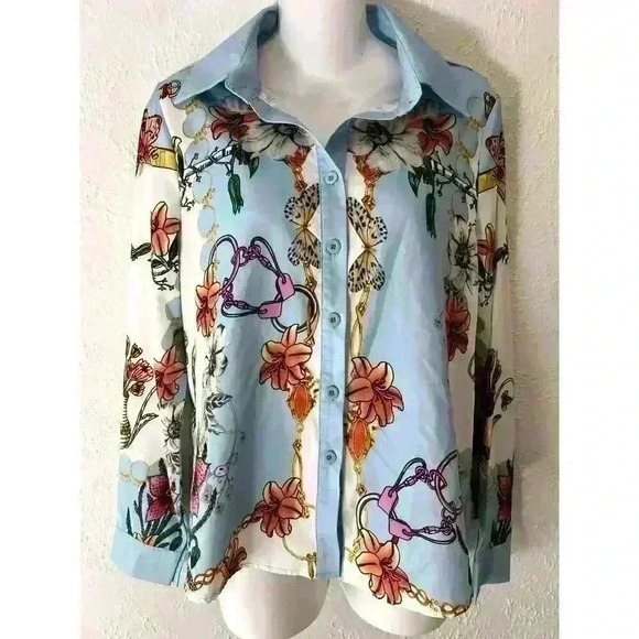 Floral And Butterfly Print Button Up Blouse Blue Sz Medium - Picture 7 of 11